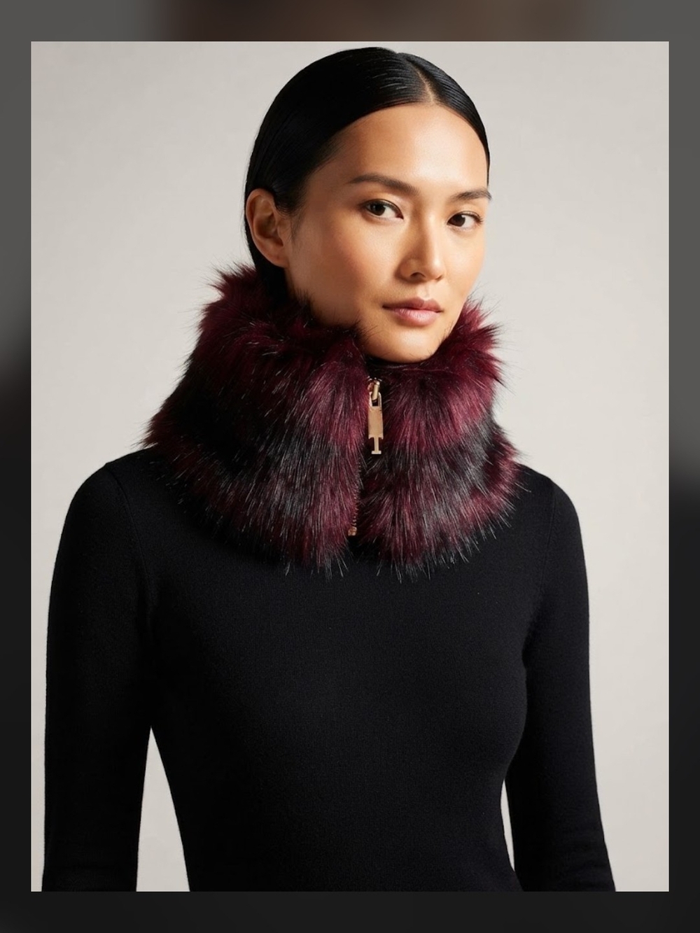 🔥 NWT Ted Baker Luxury Burgundy Faux Fur Zip Collar / Snood – Statement Piece!